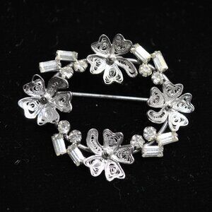 Vintage Carl Art Sterling Clover Wreath Brooch with Rhinestones
